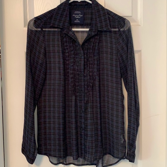 AE-Sheer Plaid Blouse w/ Front Ruffle Detailing-S - Picture 1 of 5